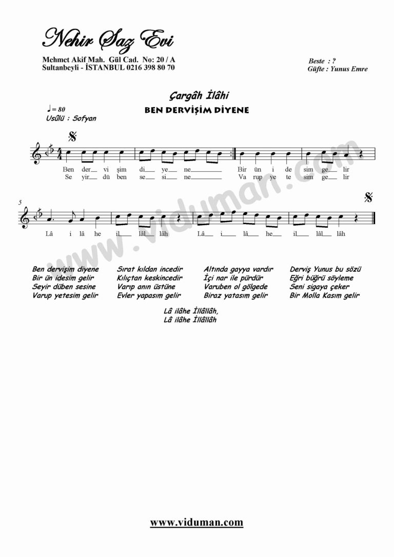 Ben Dervisim Diyene-Ney-Ilahi-Notalari