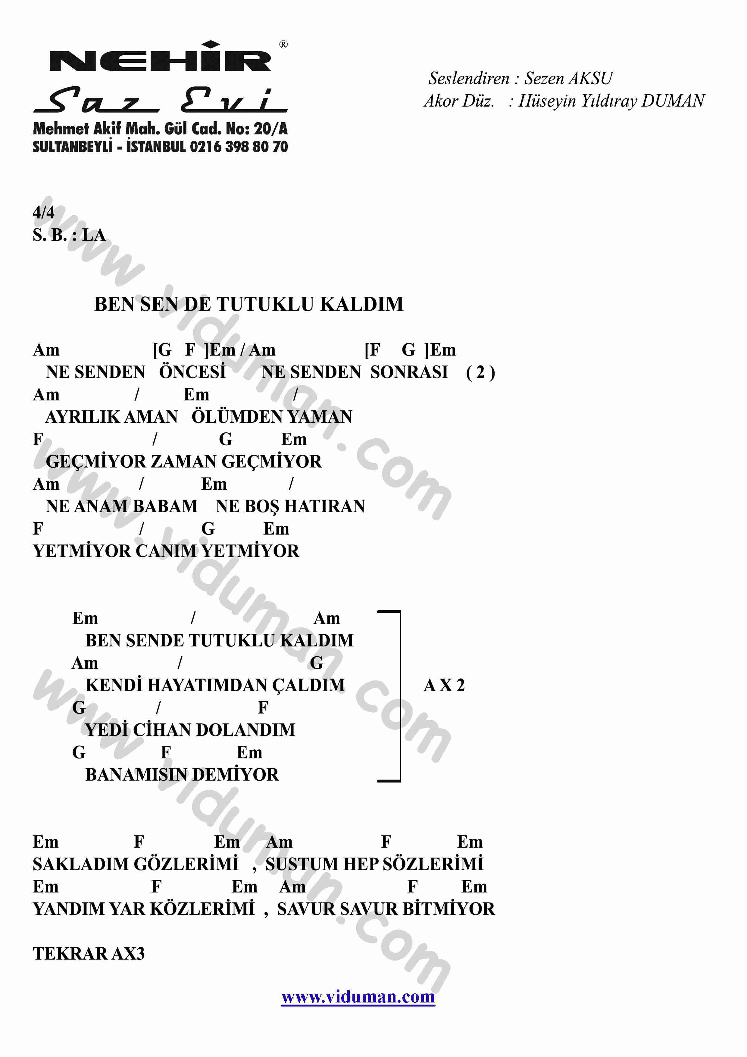 Ben Sende Tutuklu Kaldim-Gitar-Ritim-Akorlari