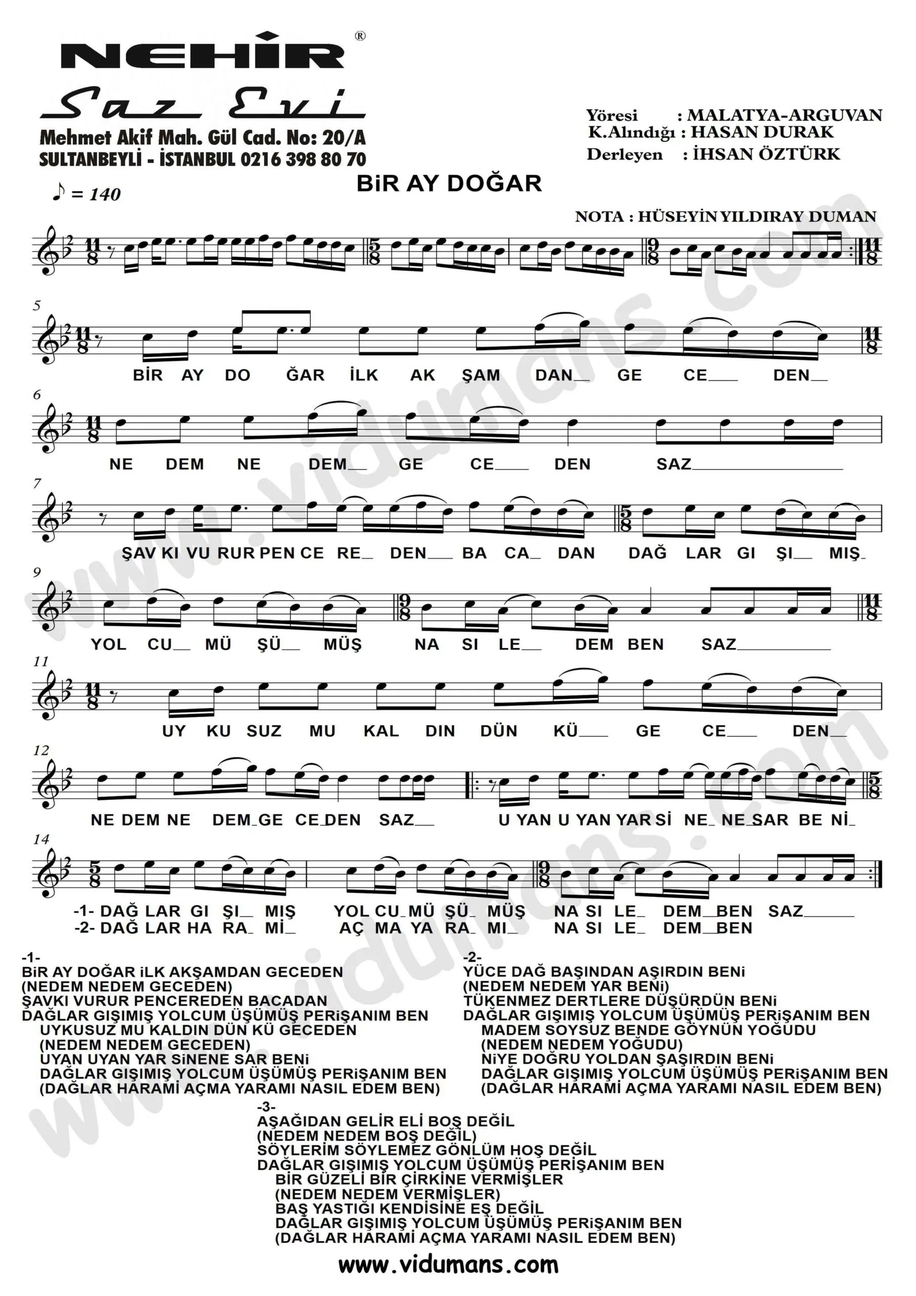 Bir Ay Dogar-Baglama-Saz-Notalari