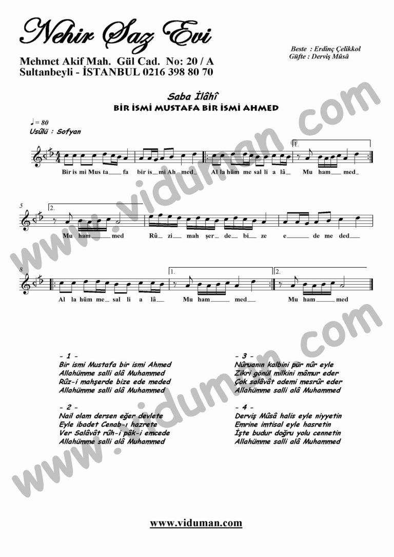 Bir Ismi Mustafa Bir Ismi Ahmed-Ney-Ilahi-Notalari