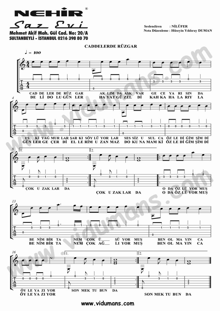 Caddelerde Ruzgar-Gitar-Tab-Solo-Notalari