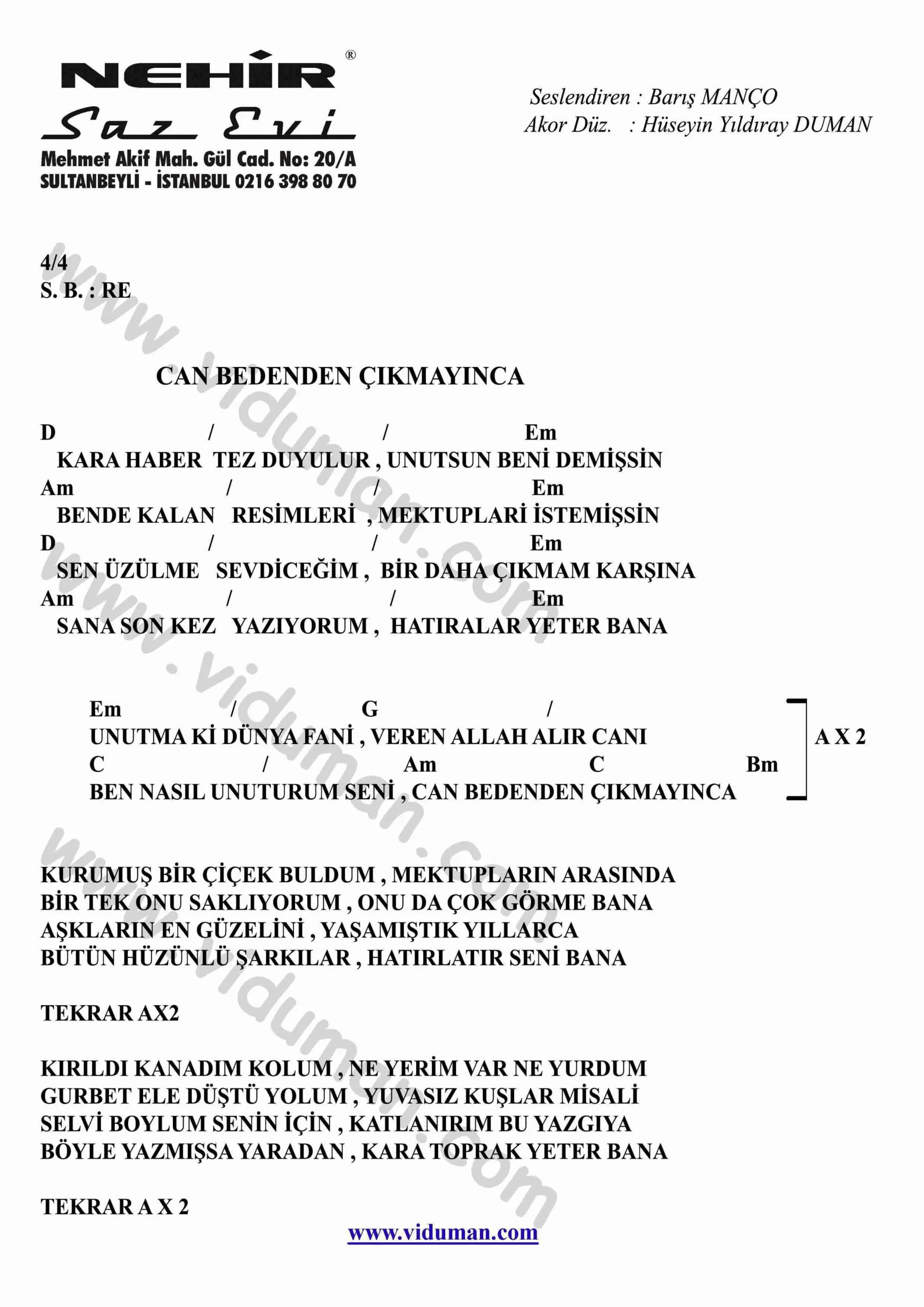 Can Bedenden Cikmayinca-Gitar-Ritim-Akorlari