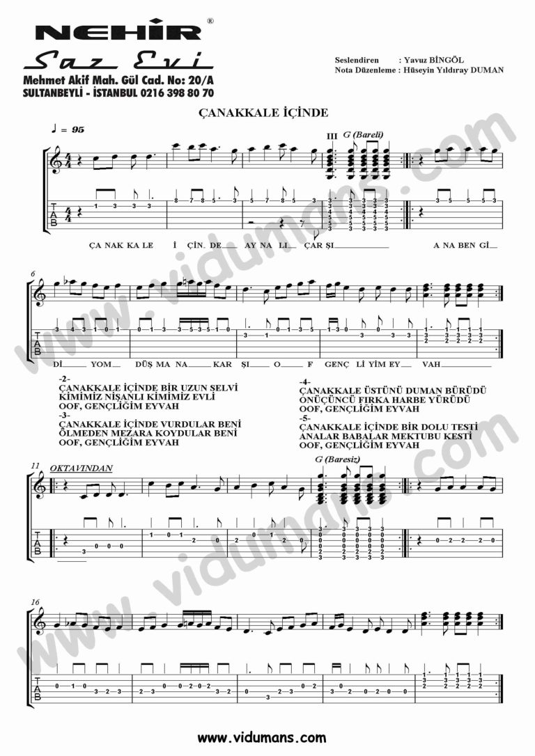 Canakkale Icinde-Gitar-Tab-Solo-Notalari