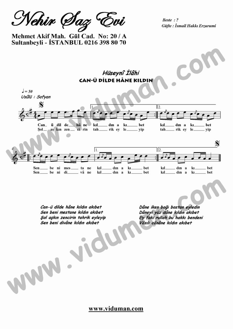 Canu Dilde Hane Kildin-Ney-Ilahi-Notalari