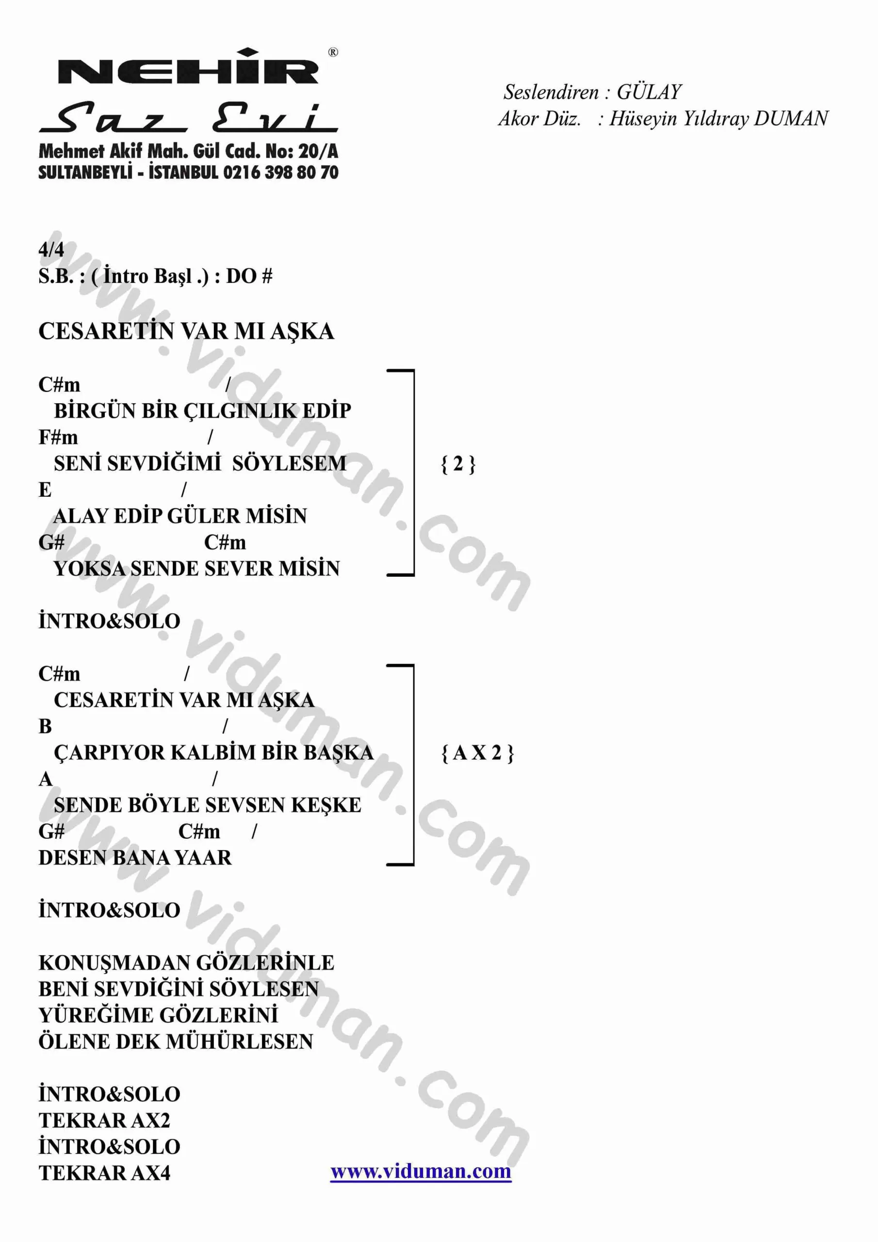 Cesaretin Var Mi Aska-Gitar-Ritim-Akorlari