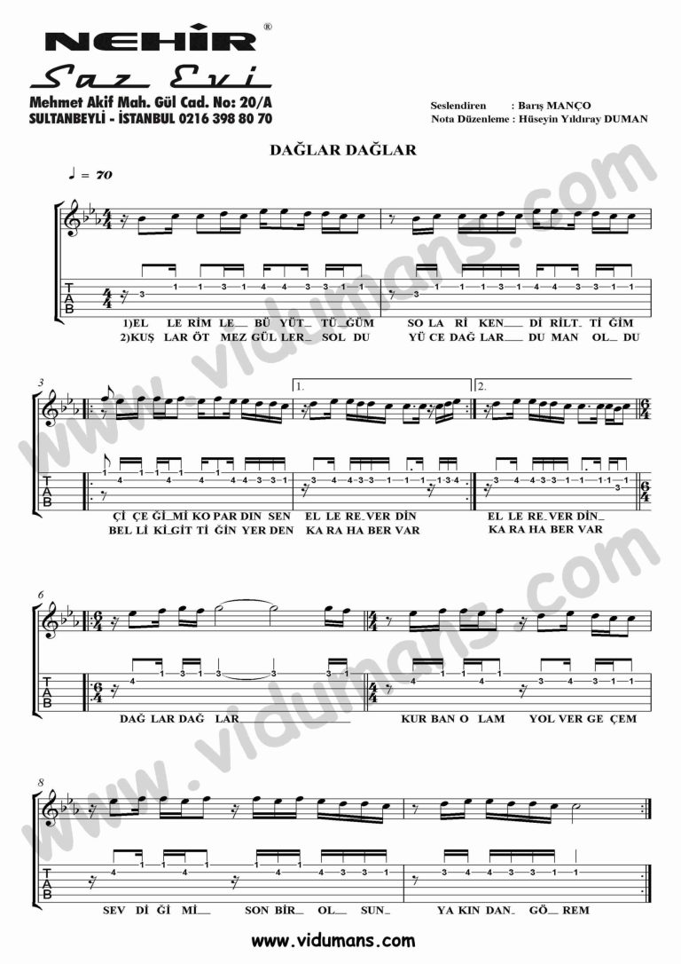 Daglar Daglar-Gitar-Tab-Solo-Notalari