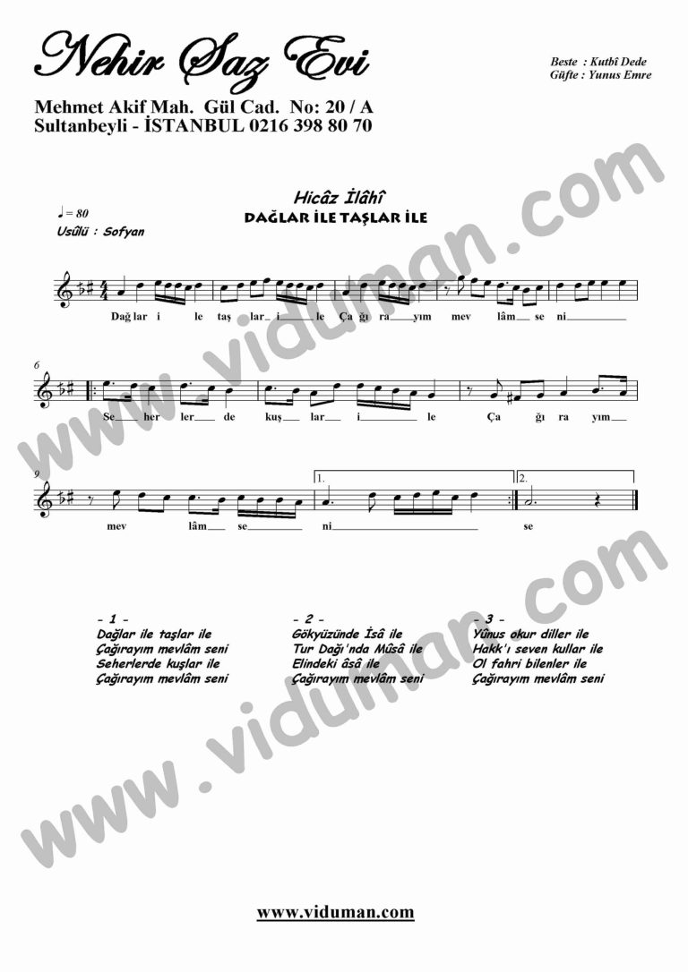 Daglar Ile Taslar Ile-Ney-Ilahi-Notalari