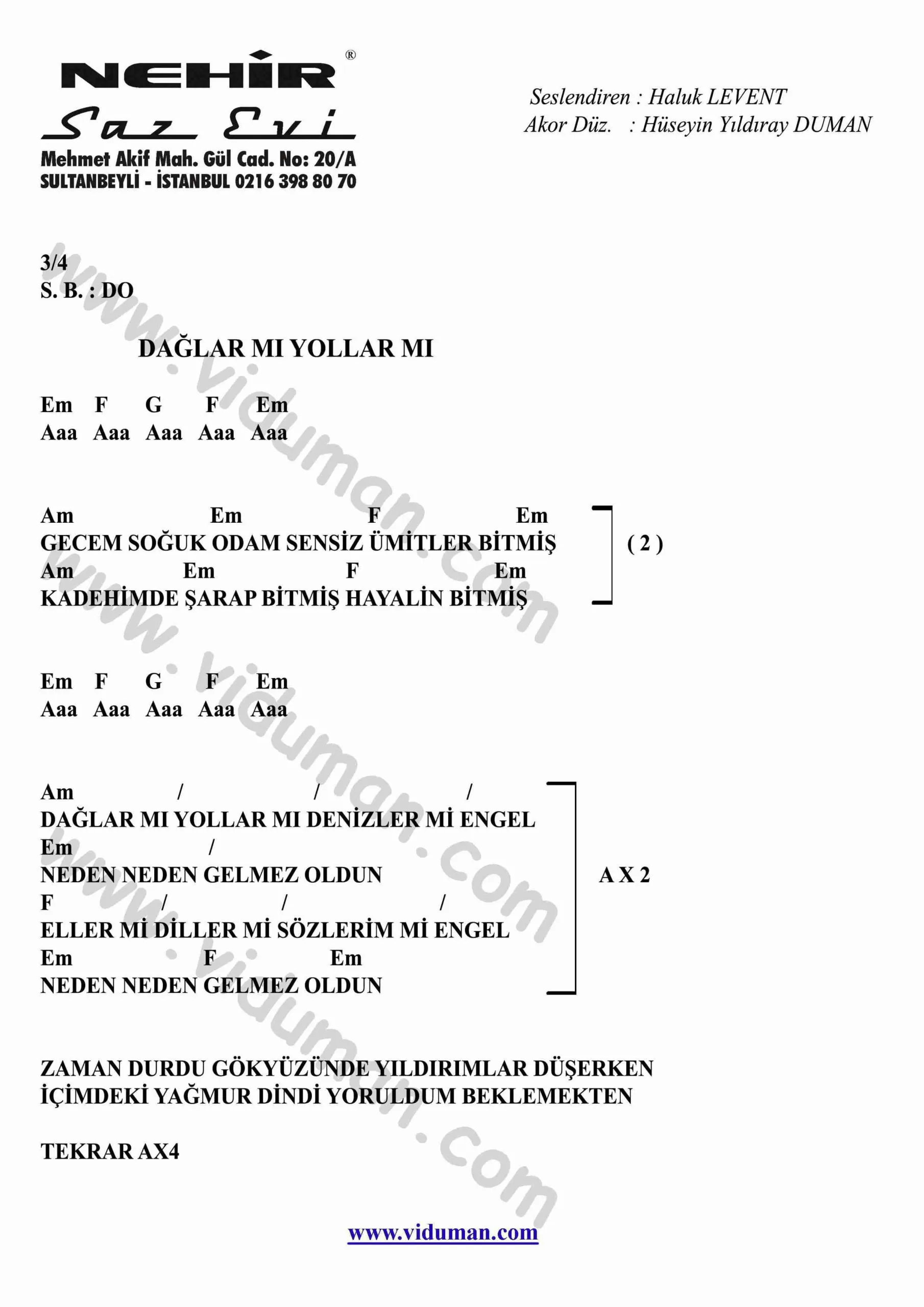 Daglar Mi Yollar Mi-Gitar-Ritim-Akorlari
