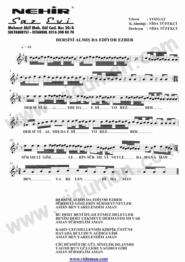 Dersini Almis Da Ediyor Ezber-Baglama-Saz-Notalari