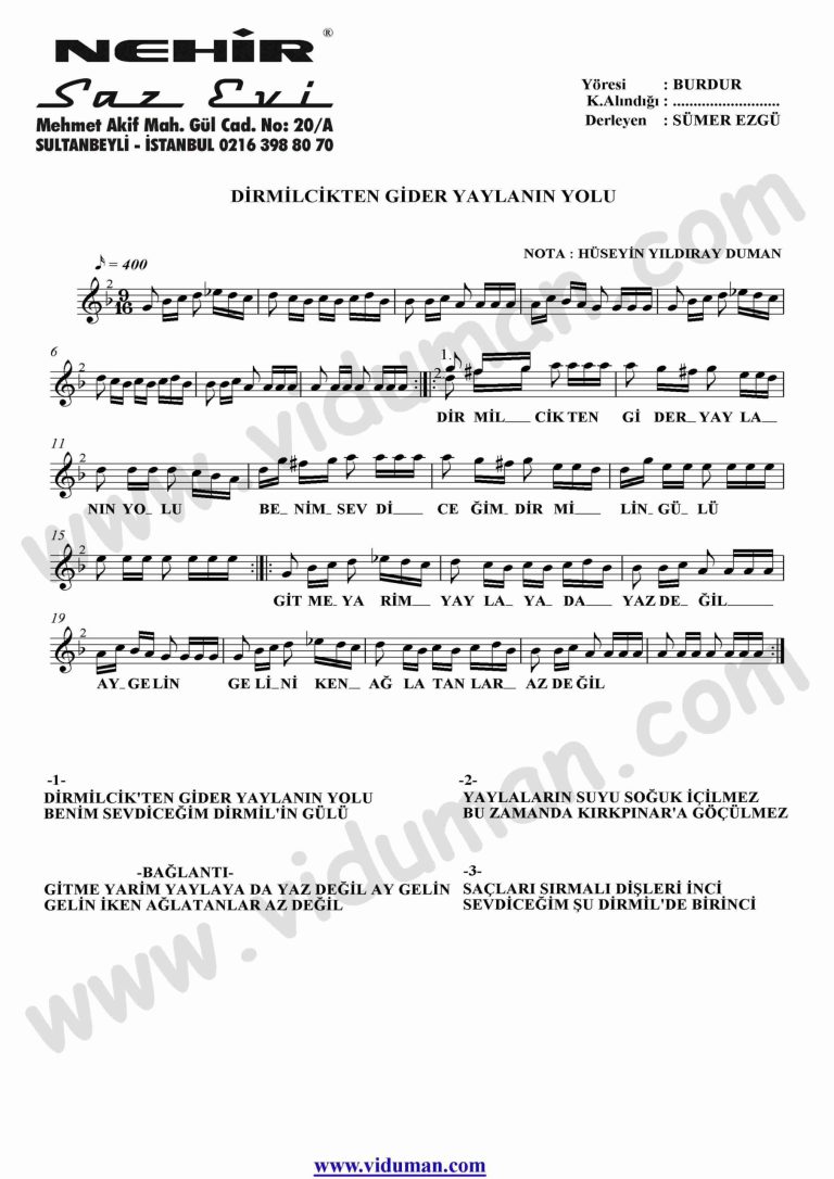 Dirmilcikten Gider Yaylanin Yolu-Baglama-Saz-Notalari