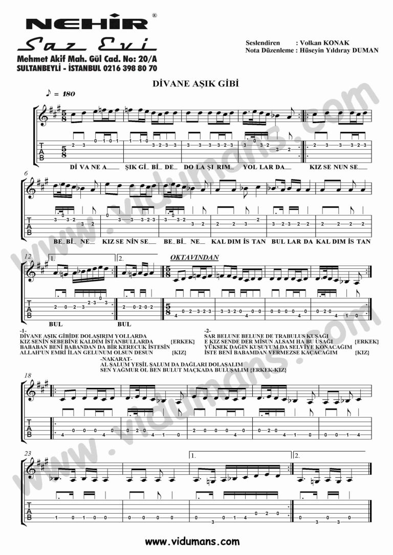 Divane Asik Gibi-Gitar-Tab-Solo-Notalari