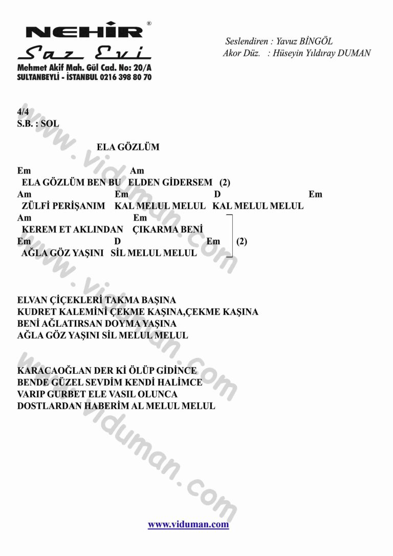 Ela Gozlum-Gitar-Ritim-Akorlari