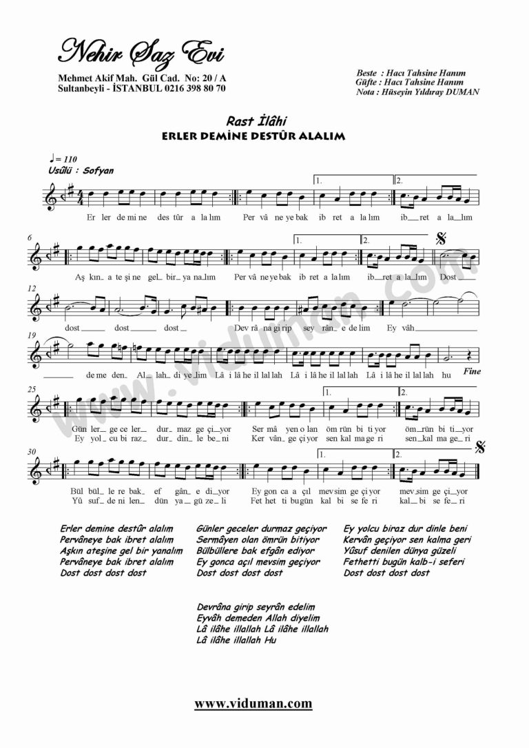 Erler Demine Destur Alalim-Ney-Ilahi-Notalari