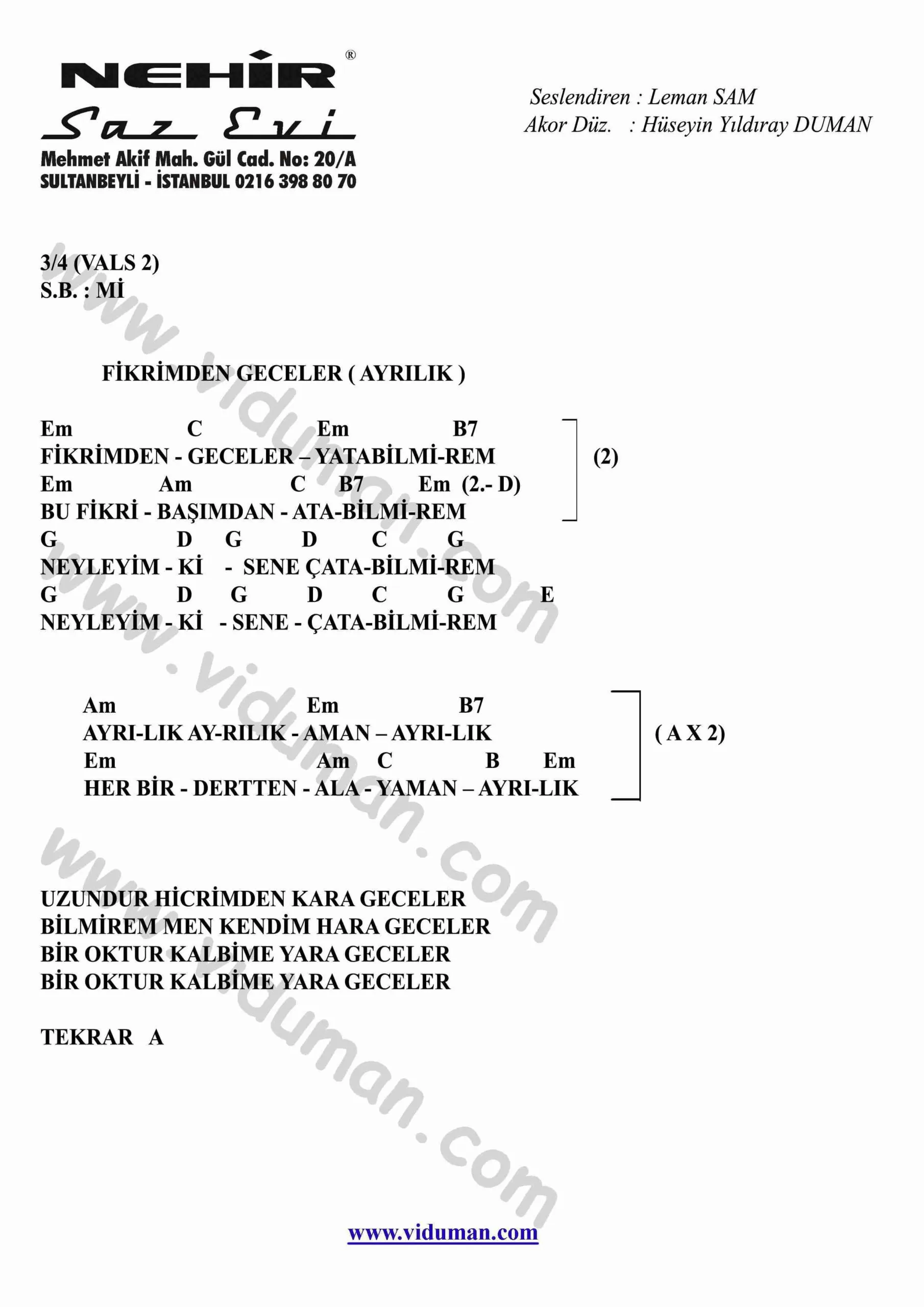 Fikrimden Geceler (Ayrilik)-Gitar-Ritim-Akorlari