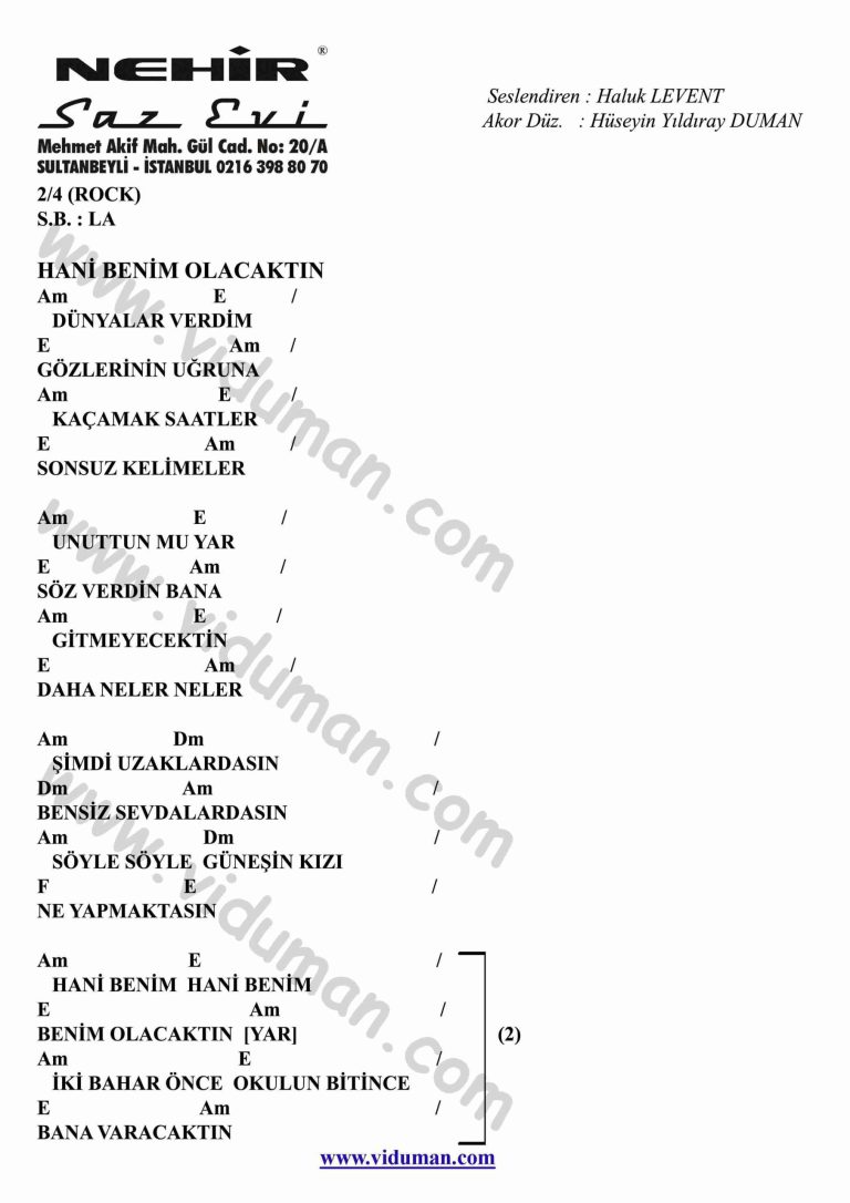 Hani Benim Olacaktin-Gitar-Ritim-Akorlari
