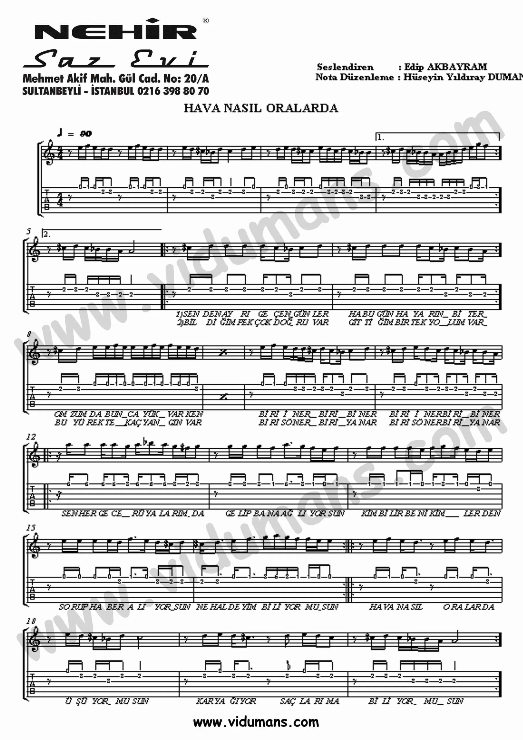 Hava Nasil Oralarda-Gitar-Tab-Solo-Notalari