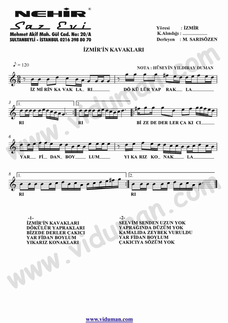Izmirin Kavaklari Si-Baglama-Saz-Notalari