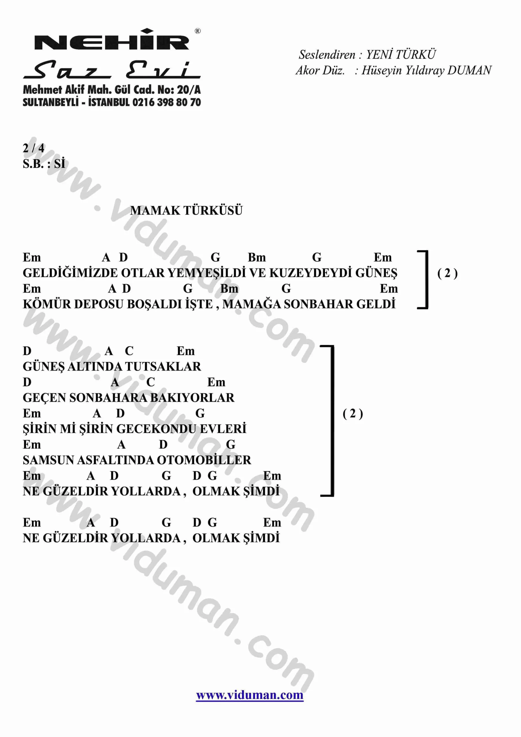 Mamak Turkusu-Gitar-Ritim-Akorlari