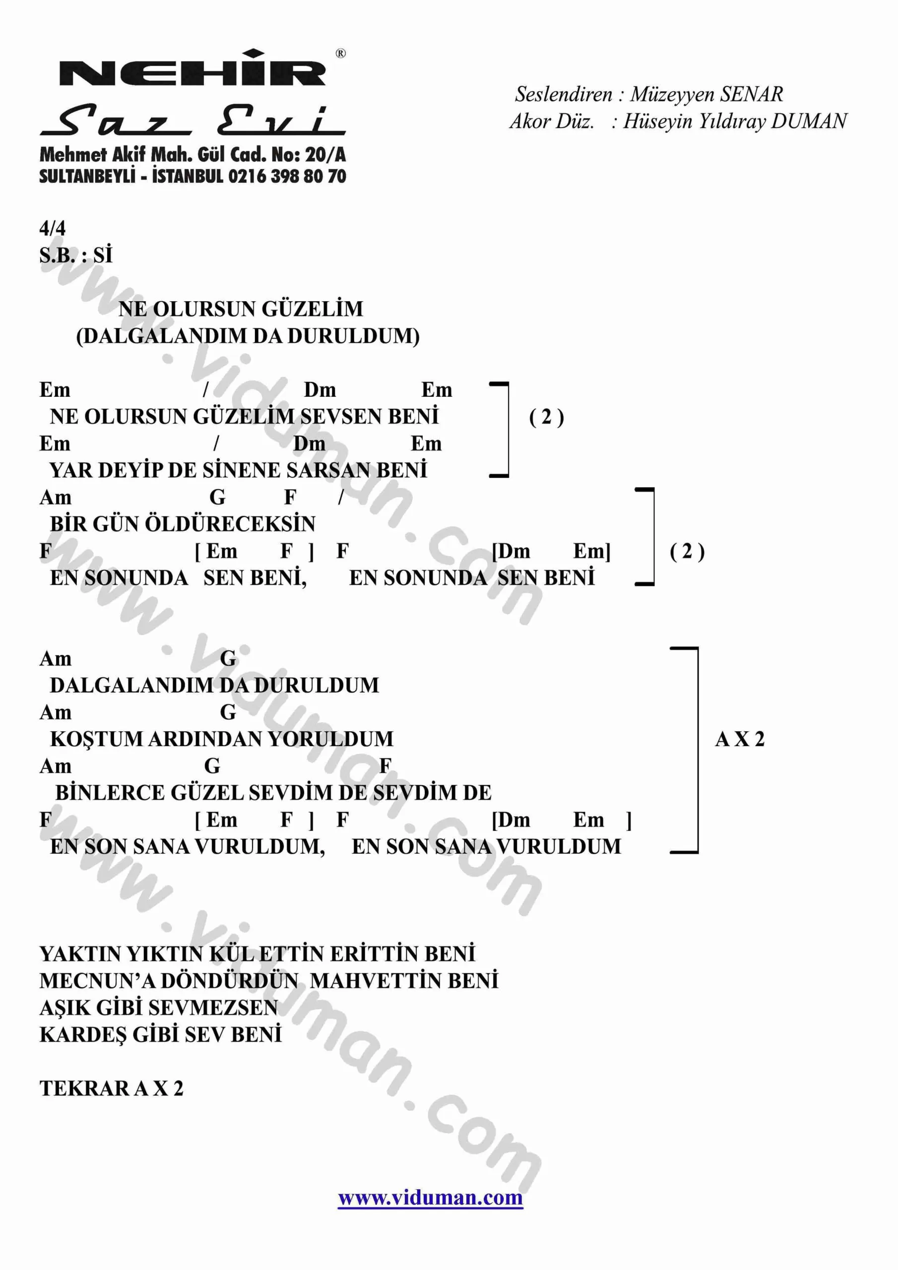 Ne Olursun Guzelim (Dalgalandim Da Duruldum)-Gitar-Ritim-Akorlari