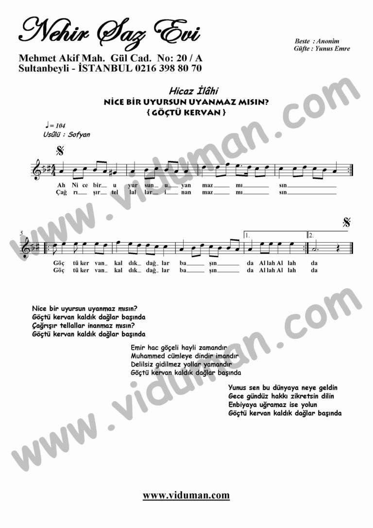 Nice Bir Uyursun (Goctu Kervan)-Ney-Ilahi-Notalari