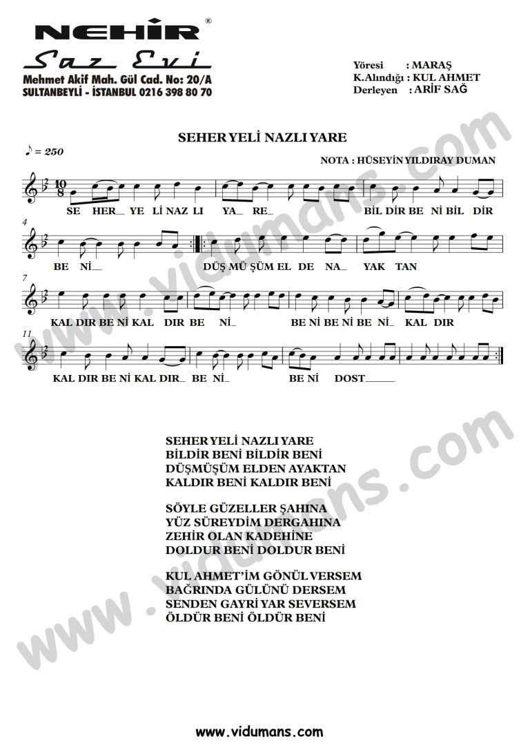 Seher Yeli Nazli Yare-Baglama-Saz-Turku-Notalari