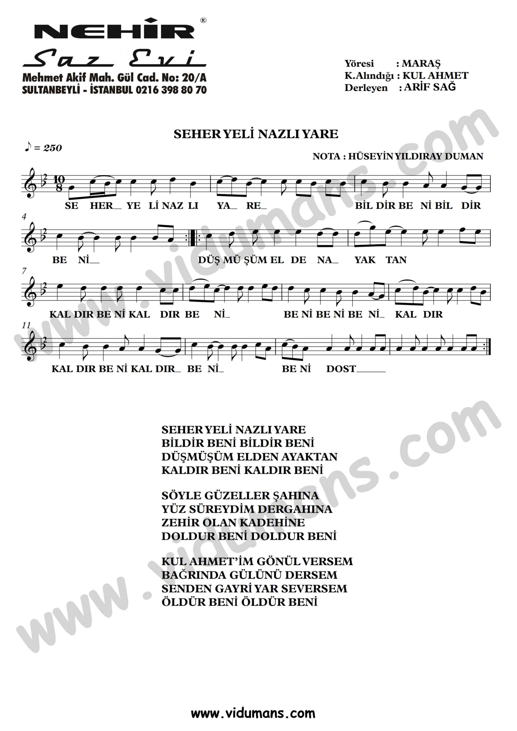 Seher Yeli Nazli Yare-Baglama-Saz-Turku-Notalari