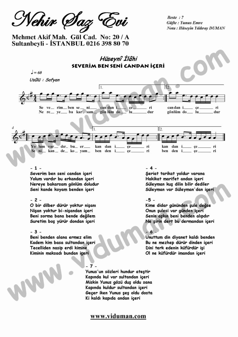 Severim Ben Seni Candan Iceri-Ney-Ilahi-Notalari