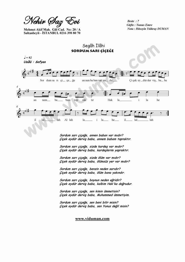 Sordum Sari Cicege-Ney-Ilahi-Notalari