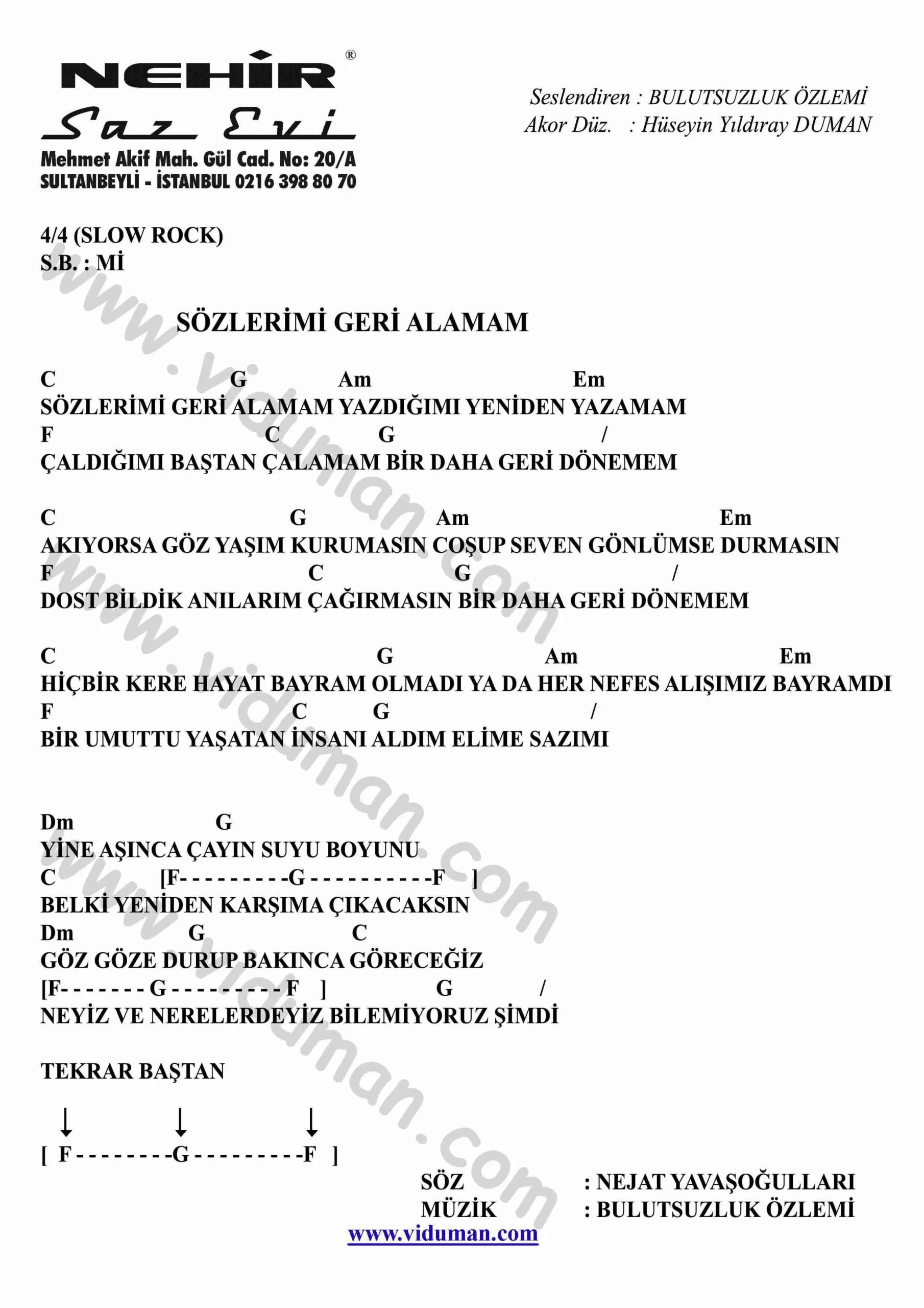 Sozlerimi Geri Alamam-Gitar-Ritim-Akorlari