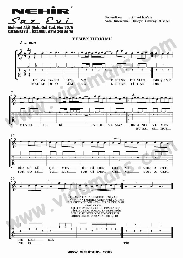 Yemen Turkusu-Gitar-Tab-Solo-Notalari