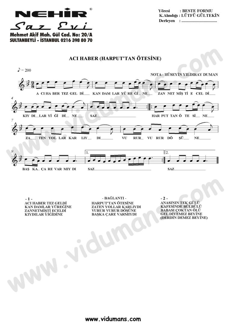 Aci Haber (Harput'tan Otesine)-Baglama-Saz-Notalari