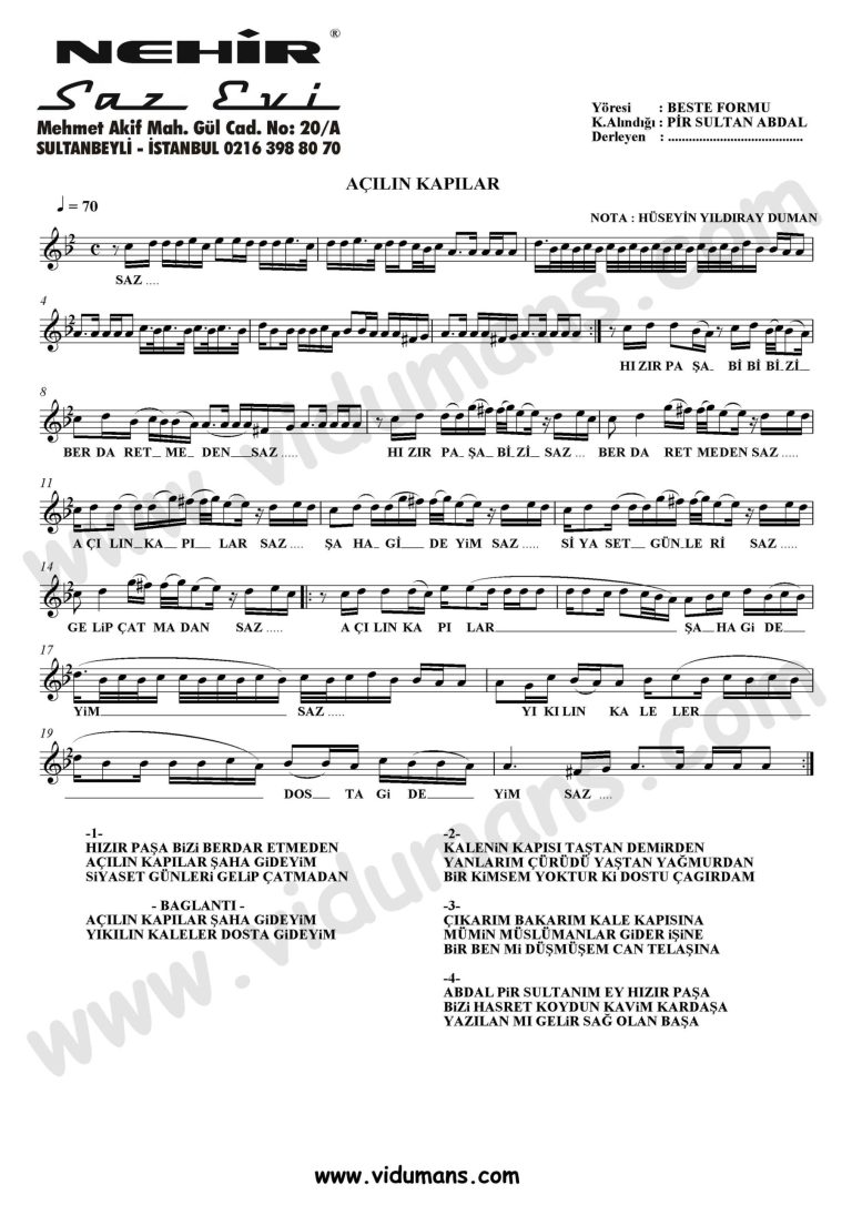 Acilin Kapilar-Baglama-Saz-Notalari