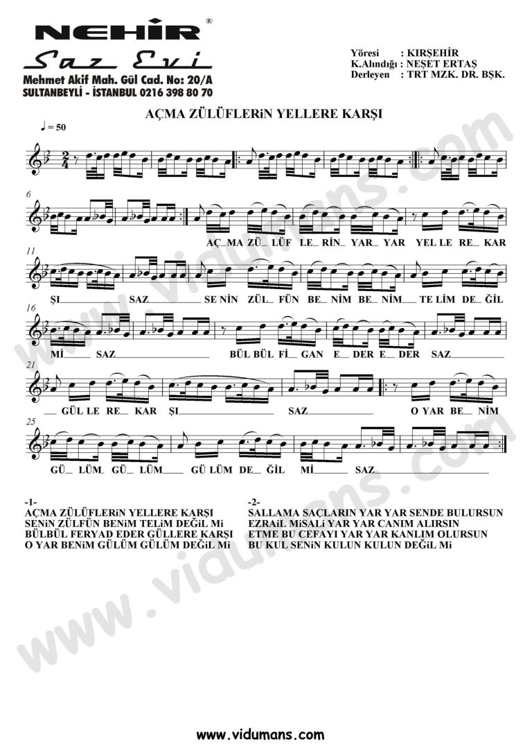 Acma Zuluflerin-Baglama-Saz-Notalari