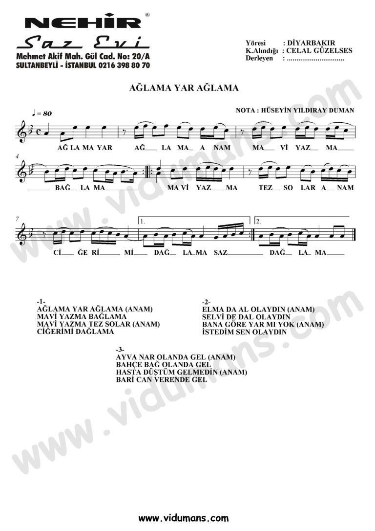 Aglama Yar Aglama-Baglama-Saz-Notalari