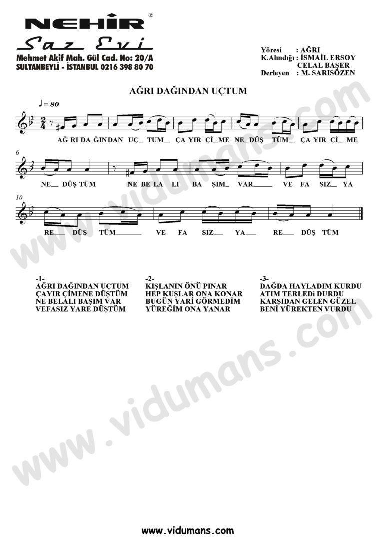 Agri Dagindan Uctum-Baglama-Saz-Notalari