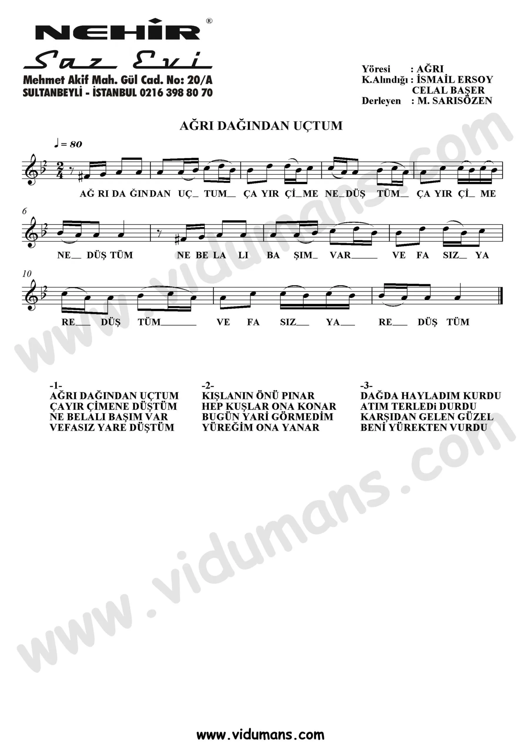 Agri Dagindan Uctum-Baglama-Saz-Notalari