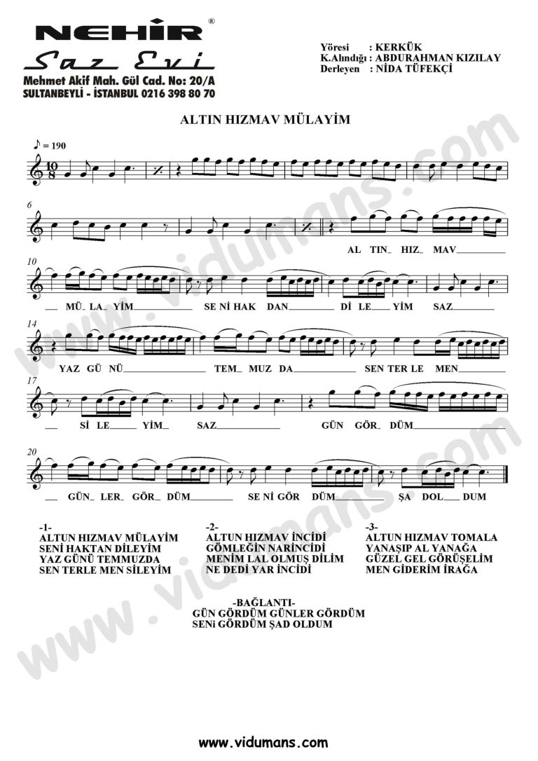 Altin Hizmav Mulayim-Baglama-Saz-Notalari