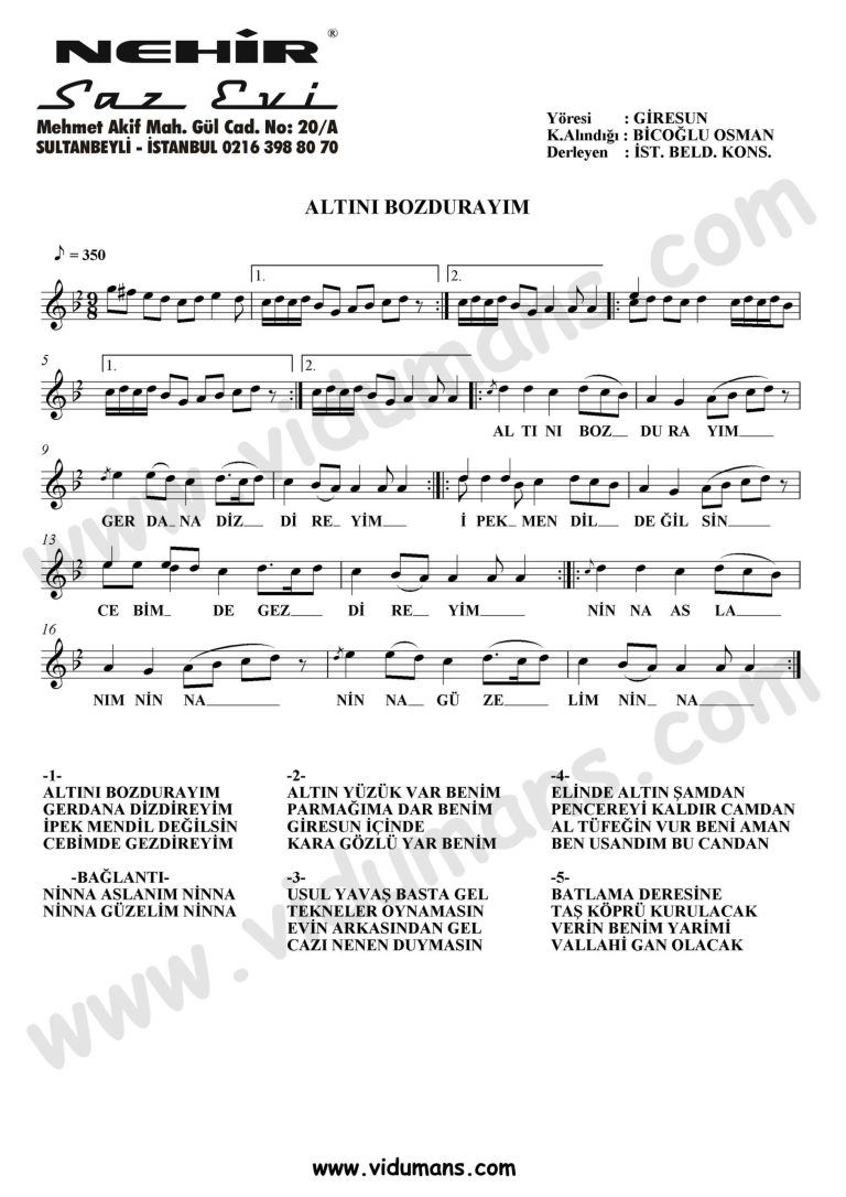 Altini Bozdurayim-Baglama-Saz-Notalari