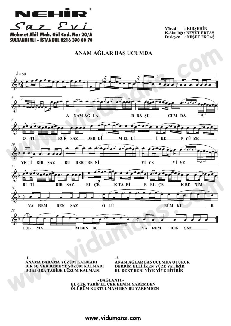 Anam Aglar Bas Ucumda-Baglama-Saz-Notalari