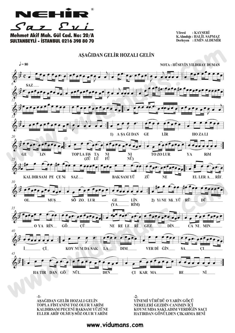 Asagidan Gelir Hozali Gelin-Baglama-Saz-Notalari