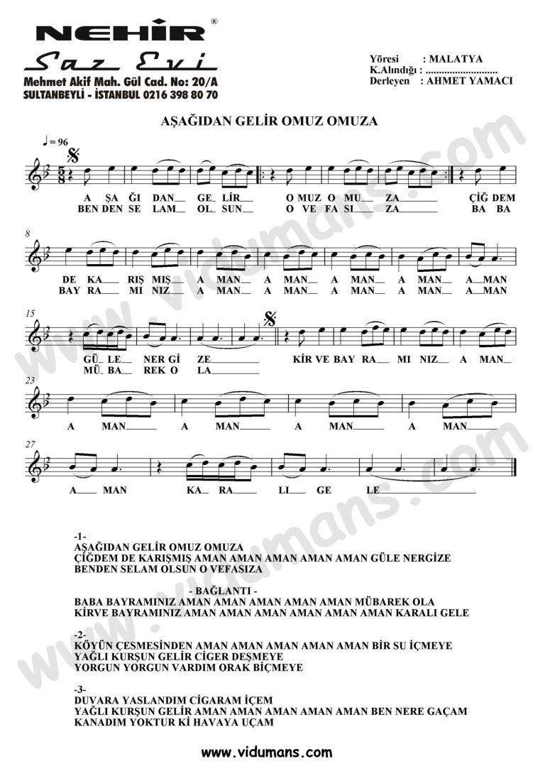 Asagidan Gelir Omuz Omuza-Baglama-Saz-Notalari