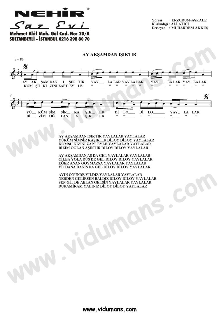 Ay Aksamdan Isiktir-Baglama-Saz-Notalari