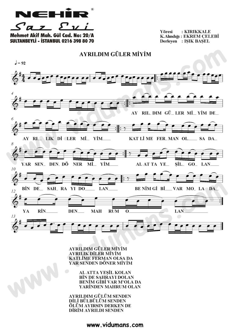Ayrildim Gulermiyim-Baglama-Saz-Notalari