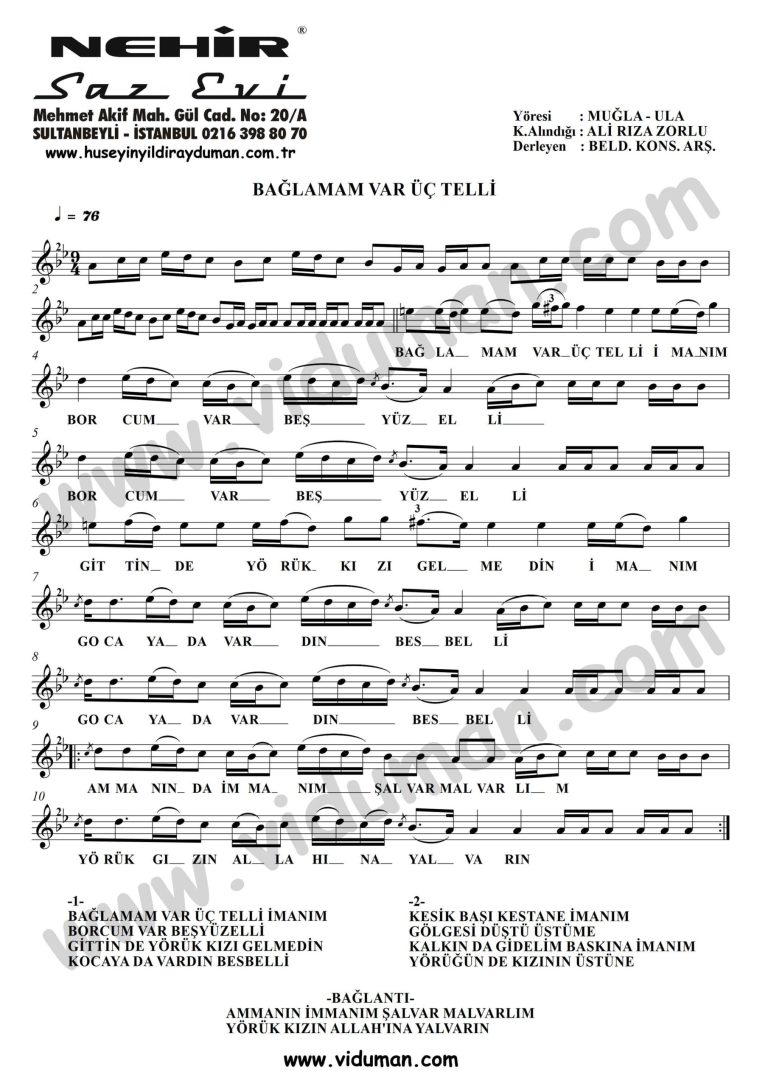 Baglamam Var Uc Telli-Baglama-Saz-Notalari