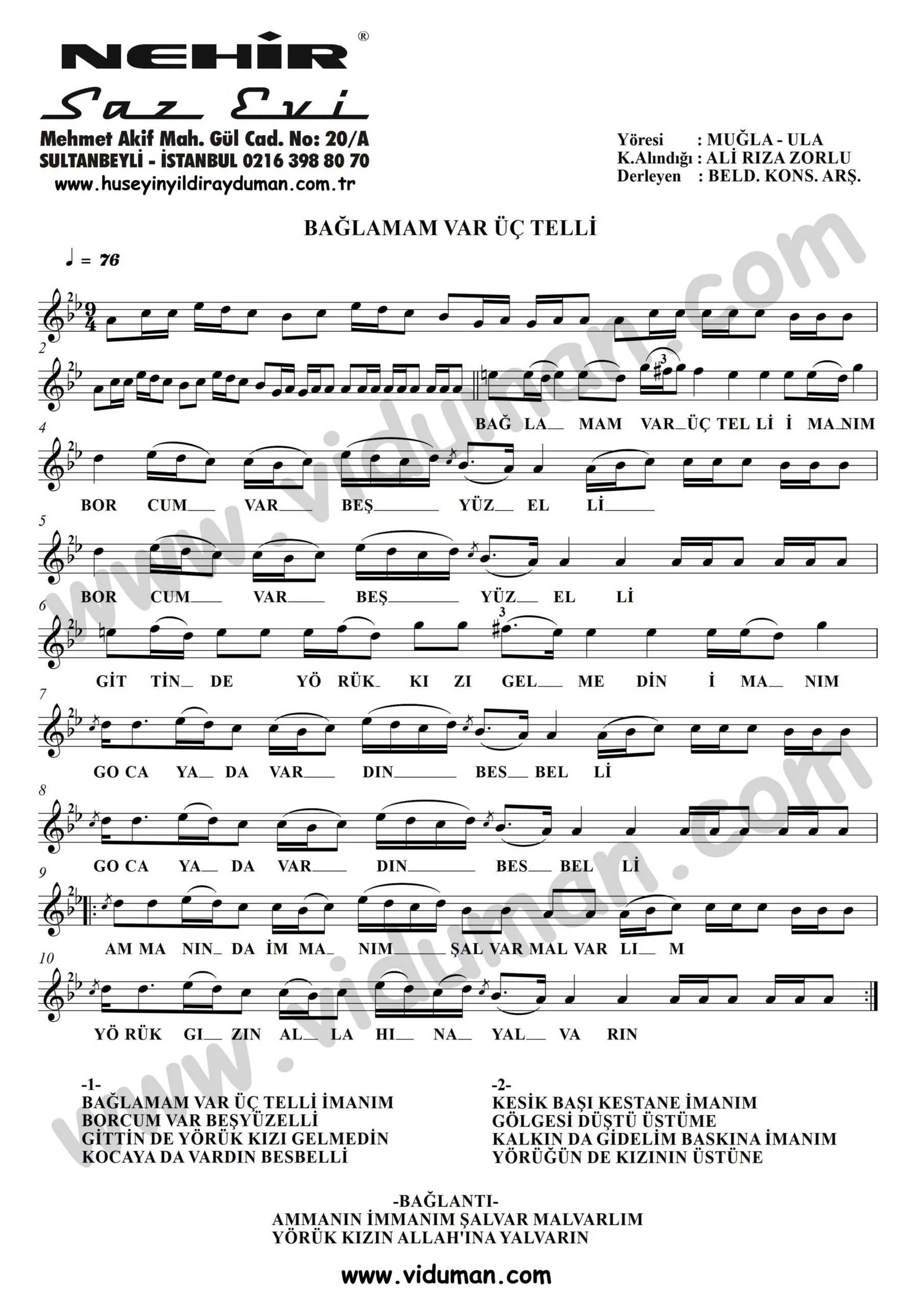 Baglamam Var Uc Telli-Baglama-Saz-Notalari
