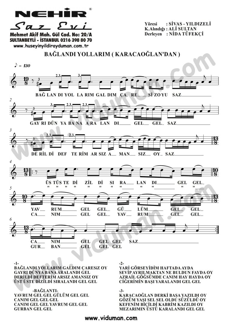 Baglandi Yollarim Karacaoglandan-Baglama-Saz-Notalari