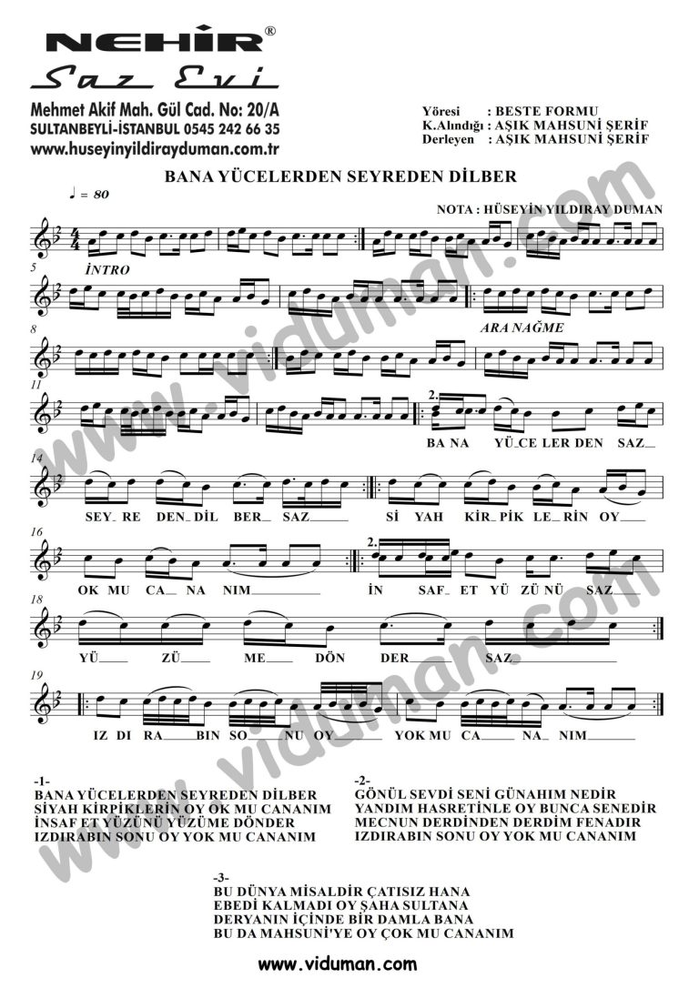 Bana Yucelerden Seyreden Dilber-Baglama-Saz-Notalari