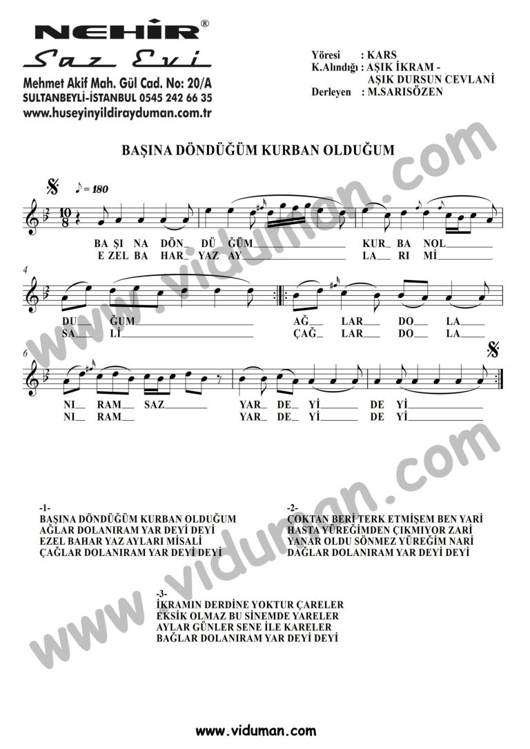 Basina Dondugum Kurban Oldugum-Baglama-Saz-Notalari