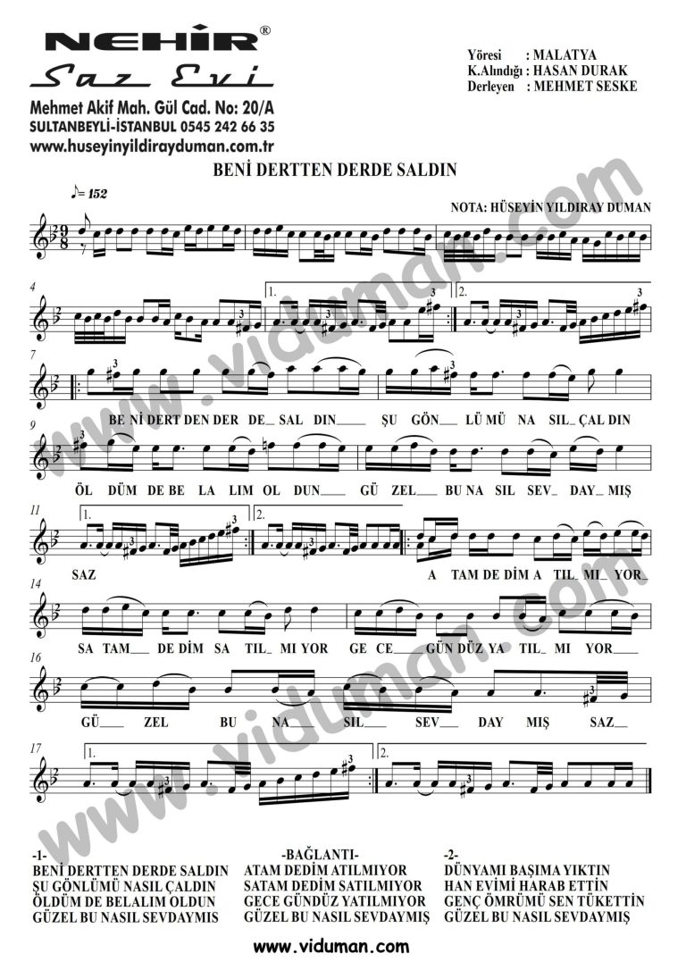 Beni Dertten Derde Saldin-Baglama-Saz-Notalari