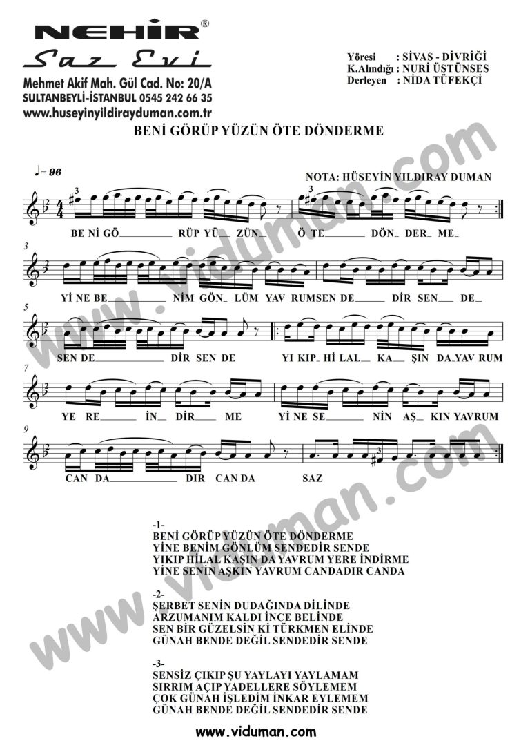 Beni Gorup Yuzun Ote-Baglama-Saz-Notalari